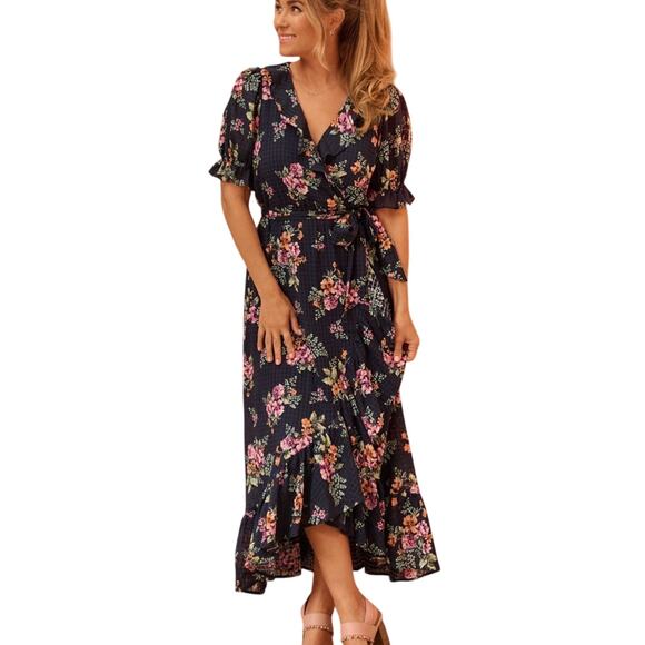 LC Lauren Conrad Floral Waffle Wrap Tie Ruffle Maxi Dress Navy Blue 4X Plus NWT - Picture 1 of 12